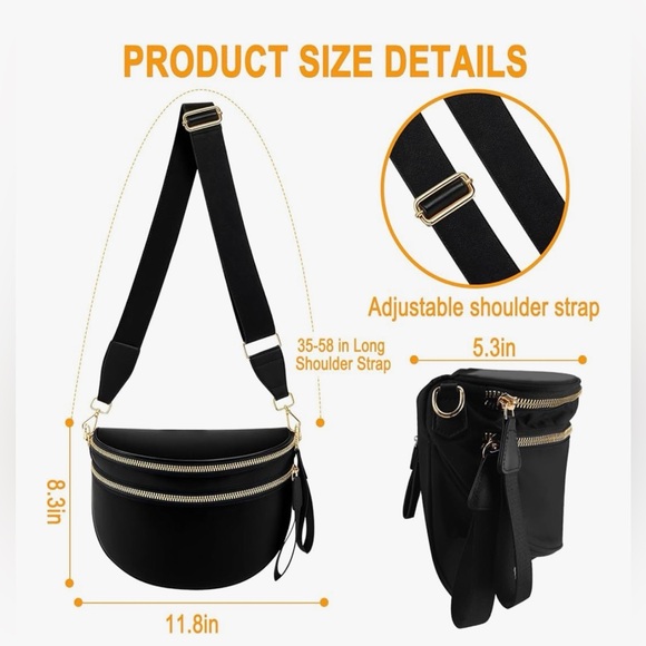 ✨🖤Black Bum Bag Crossbody Sling Bag - Wide Strap 🖤✨ NWT - Picture 2 of 7